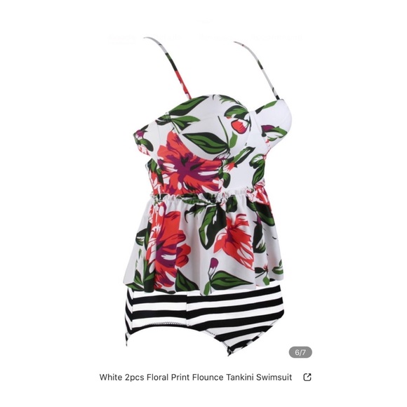 White 2pcs Floral Print Flounce Tankini Swimsuit - Picture 6 of 9